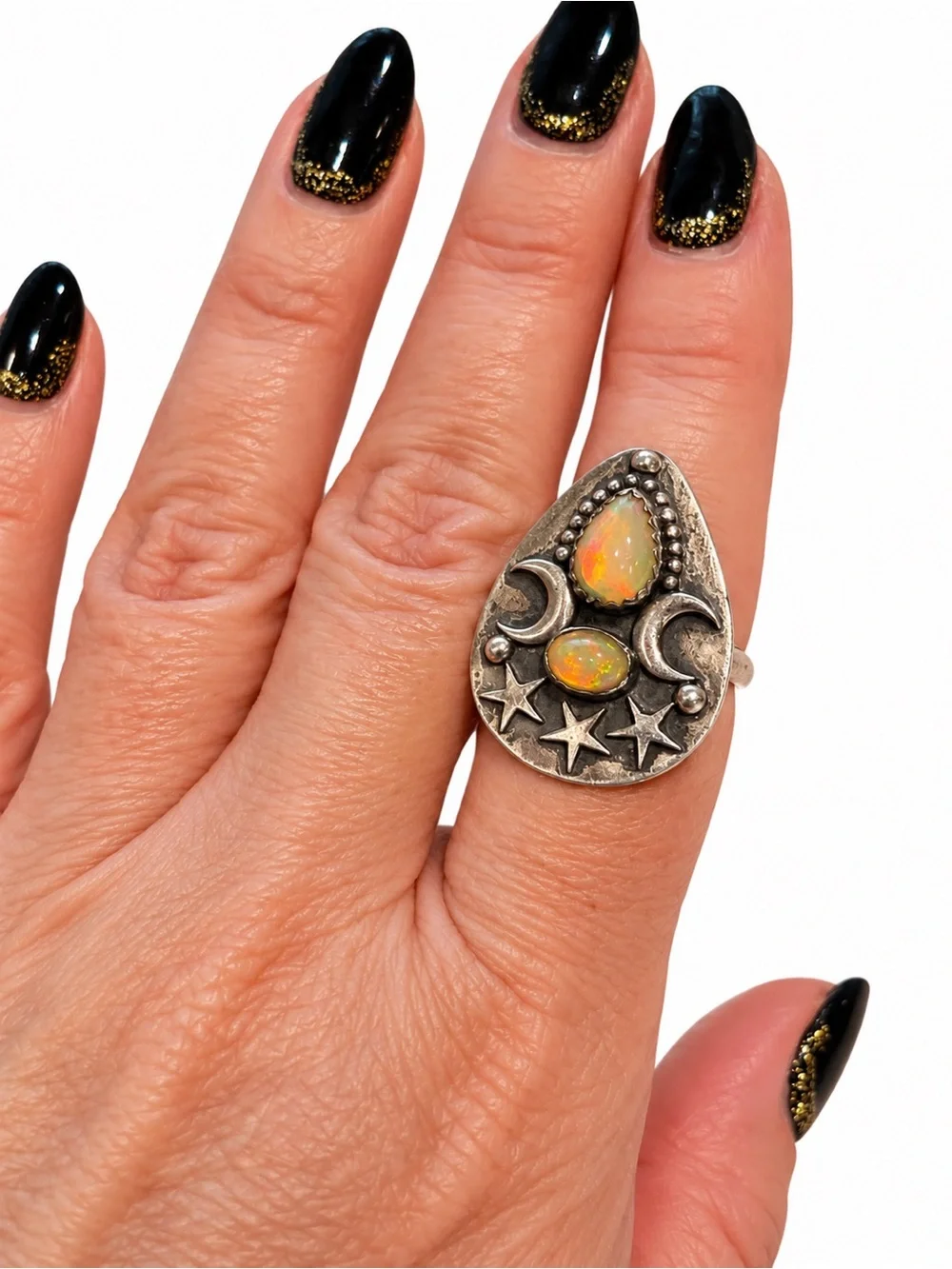Ethiopian Fire Opal Planchette Sterling Silver Adjustable Moon & Star Ring